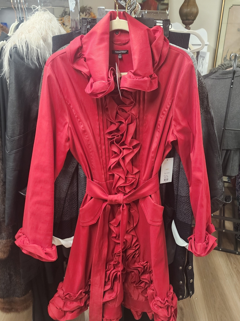 Samuel Dong Red Ruffle Satin Robe